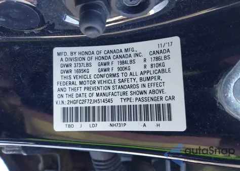 2018 Honda Civic Ex z USA, uszkodzony, nr VIN 2HGFC2F72JH514545